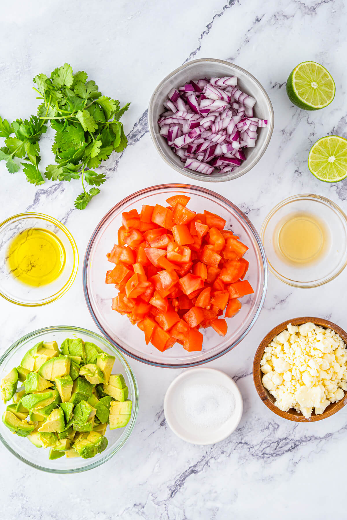 Ingredients required to make Chunky Avocado Salsa with Cotija Cheese.
