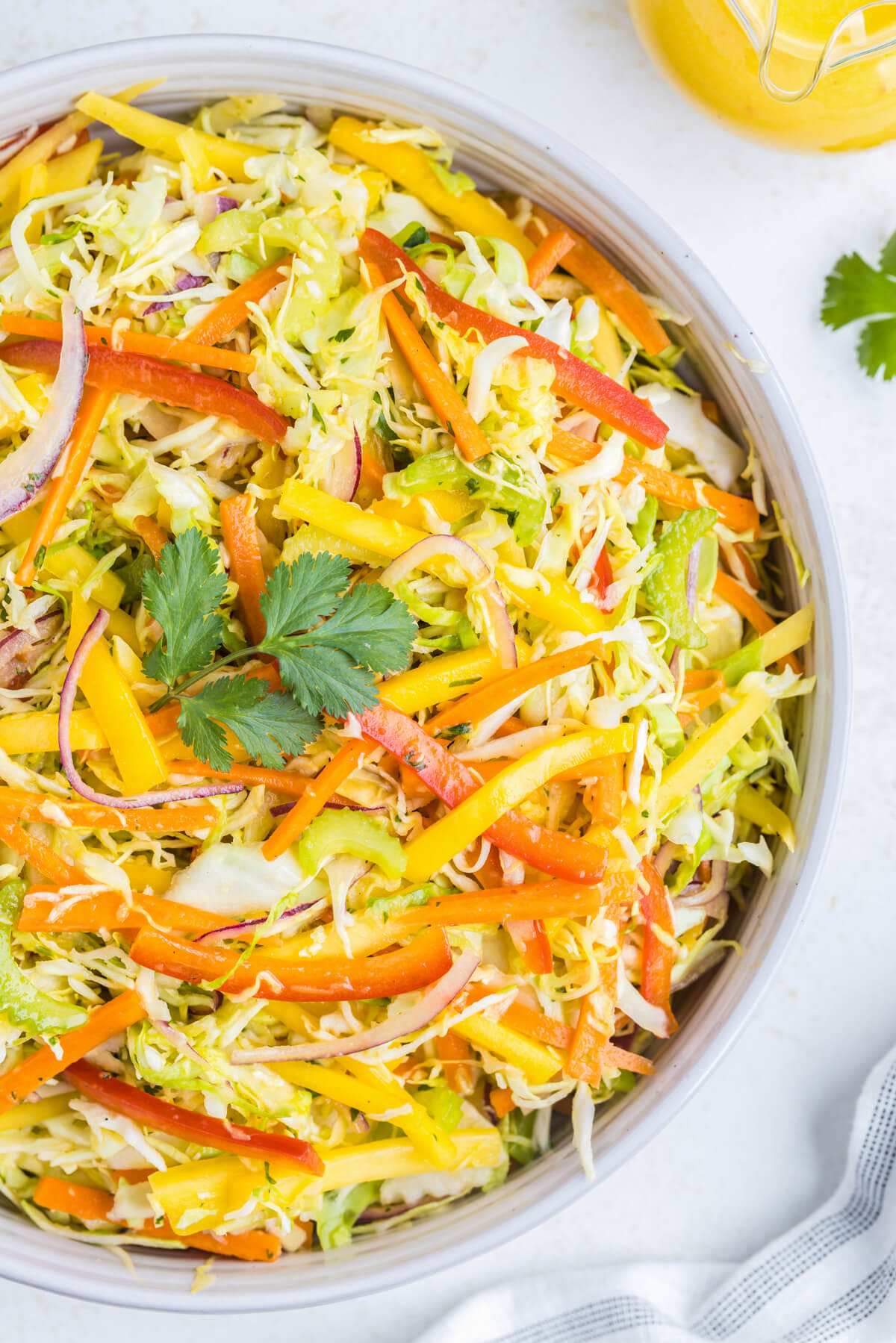 A white bowl filled with colourful mango slaw.