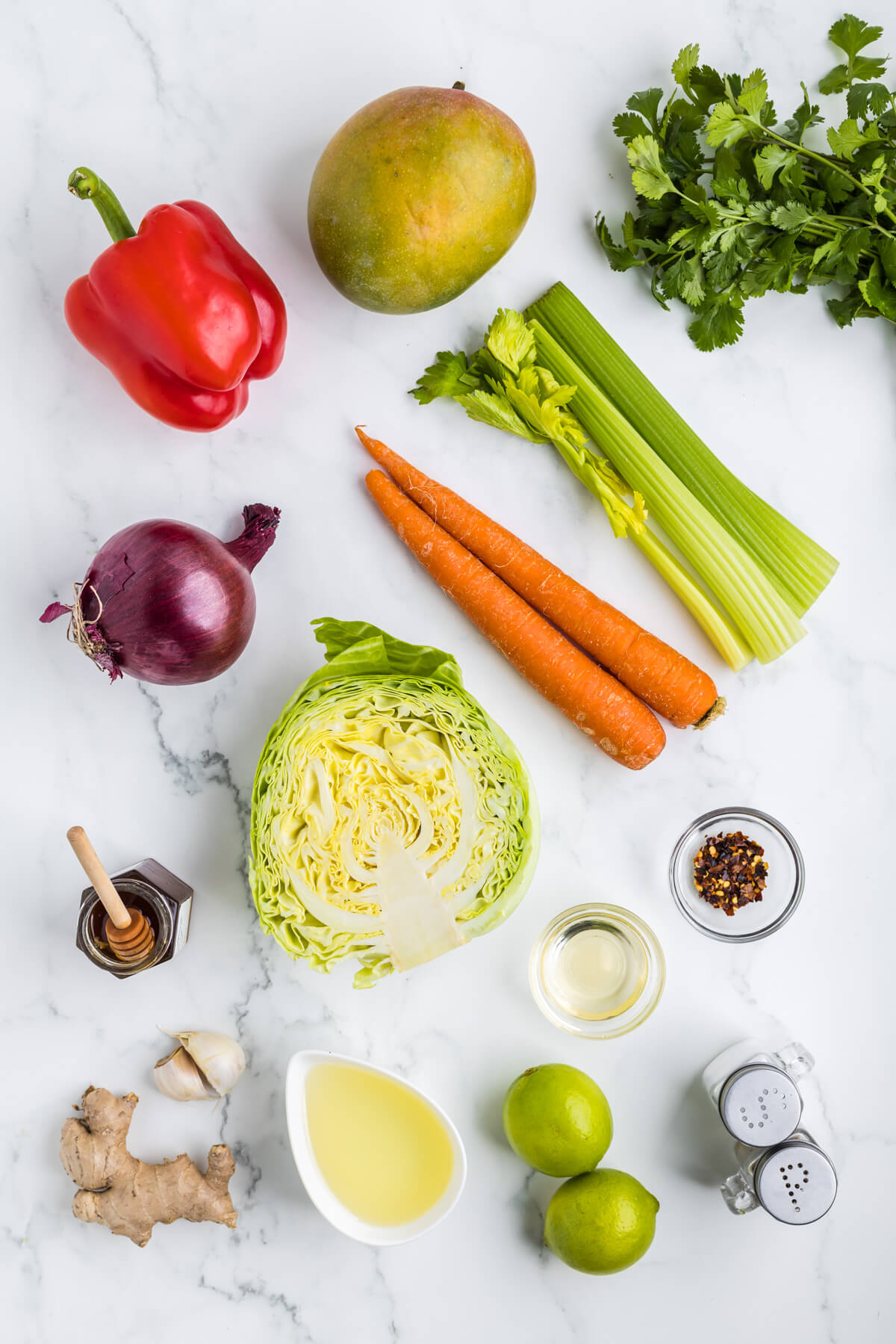 Ingredients required to make mango slaw including the mango dressing.