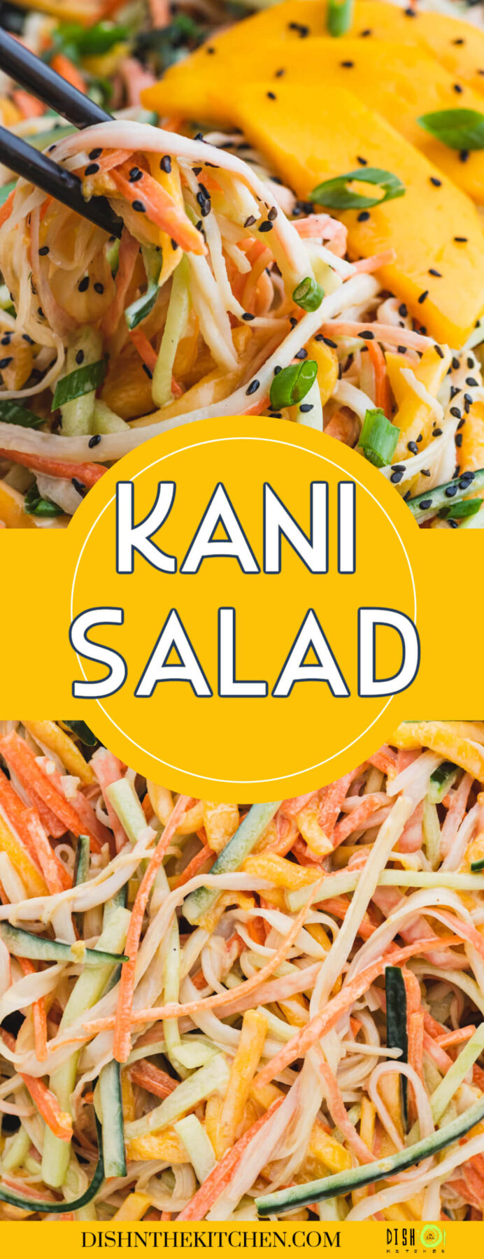 Pinterest image featuring close up photos of creamy Kani Salad with mango slices, shredded imitation crab, carrots, black sesame seeds, scallions, and cucumbers.