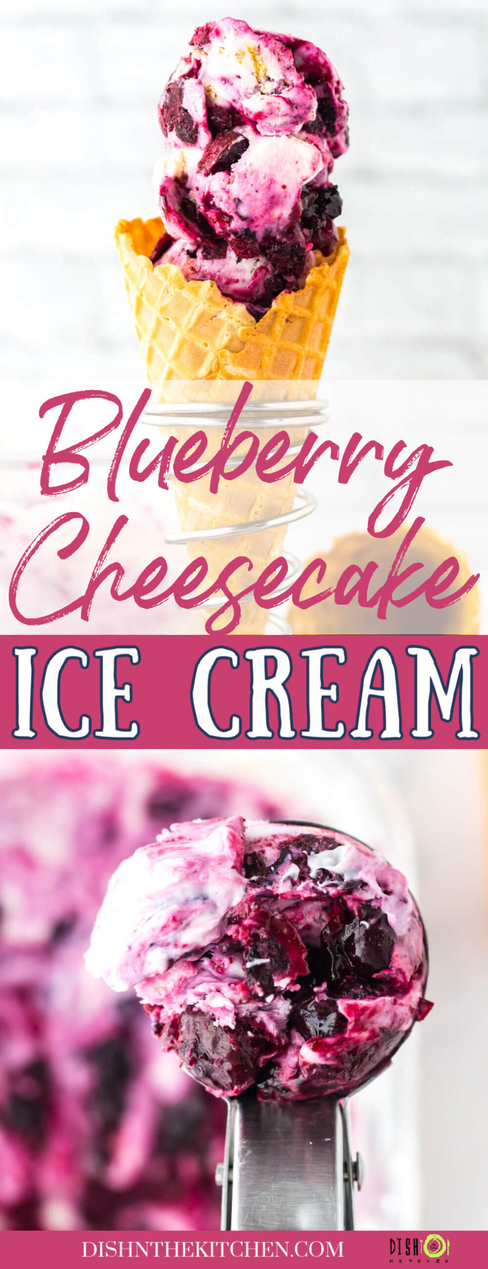 Pinterest image featuring scoops of Blueberry Cheesecake Ice Cream in a cone and in an ice cream scoop.