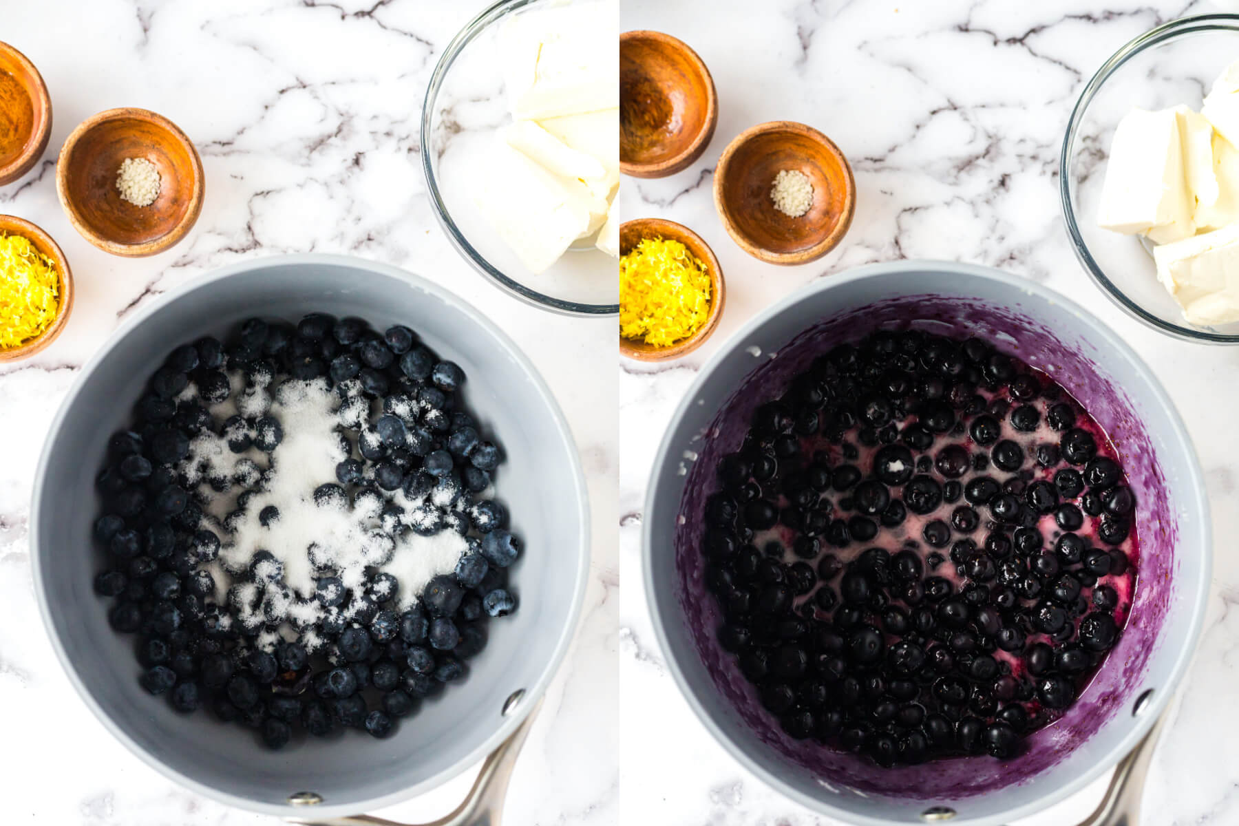 Process images showing how to make blueberry compote.