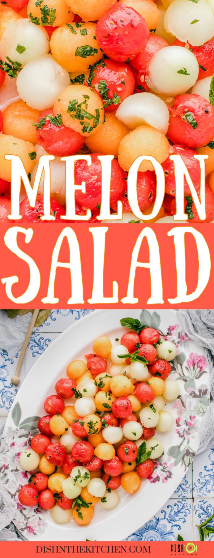 Pinterest image featuring melon salad arranged on an oval platter and up close.