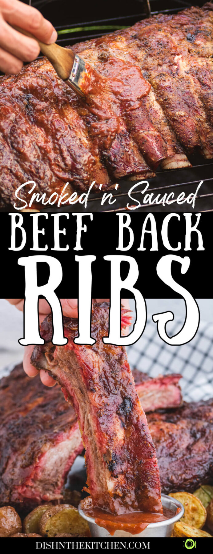 Pinterest image featuring a brush applying barbecue sauce to a rack of smoked beef ribs and another photo of a single beef rib being dipped in more barbecue sauce.