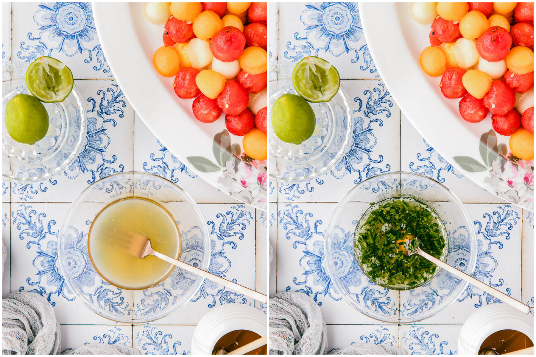 Process images showing how to make honey lime dressing.