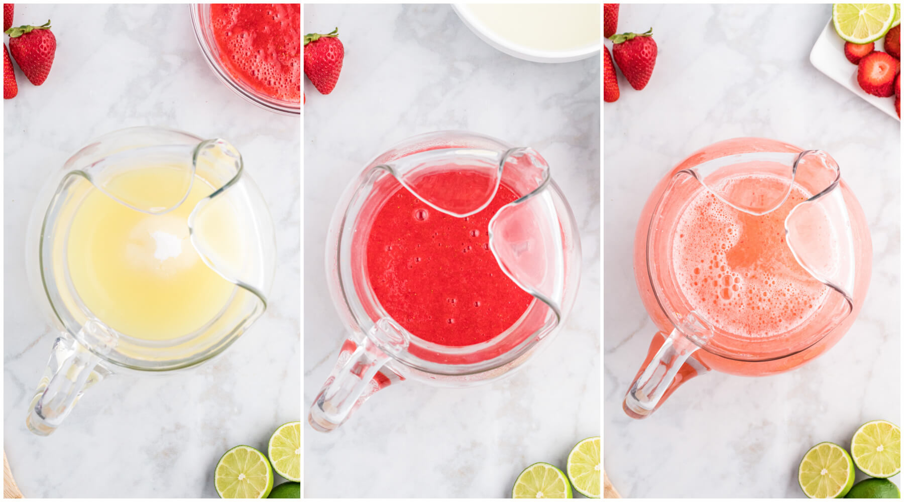 Process photos showing how to mix up strawberry limeade.