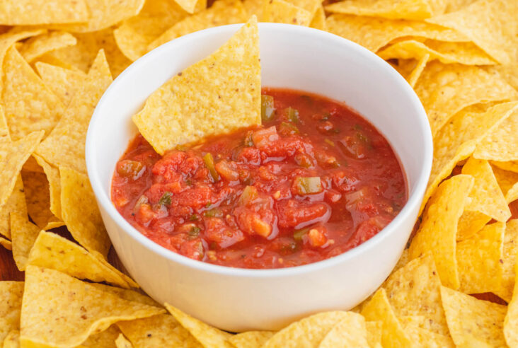 A white bowl filled with chunky canned salsa surrounded by tortilla chips.