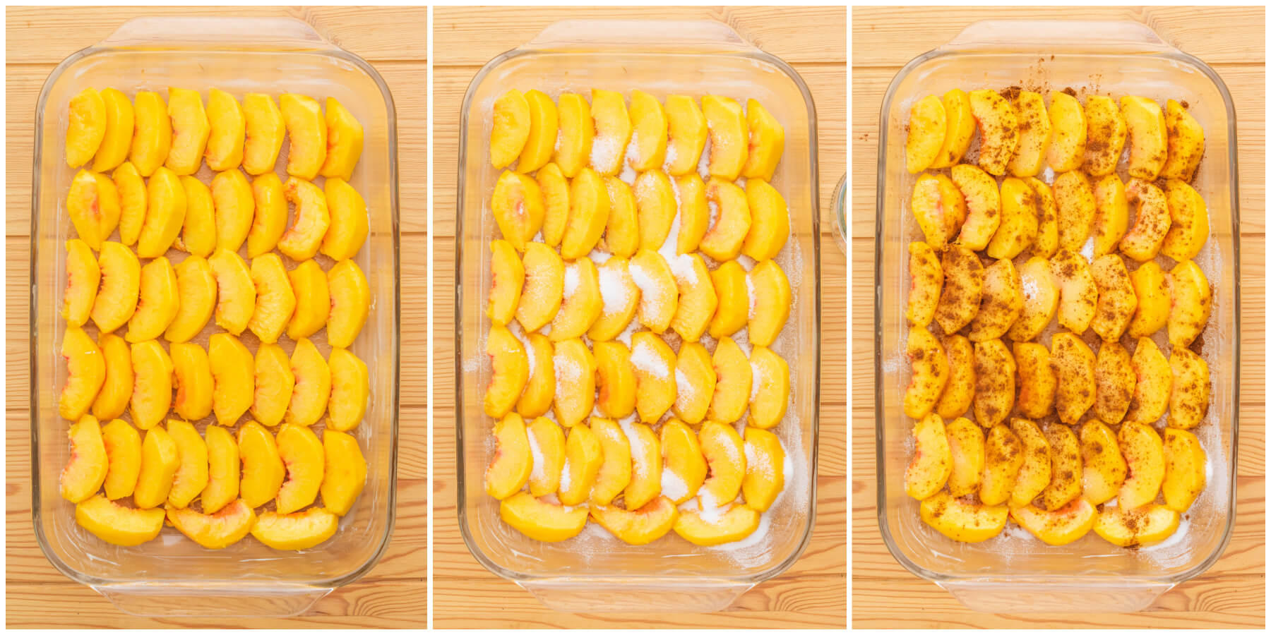 A series of process pictures showing how to flavour fresh peach slices in a glass baking dish.