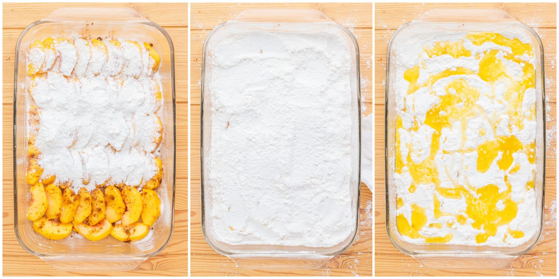 A series of process pictures showing how to pour cake mix and melted butter over a layer of fresh peaches.