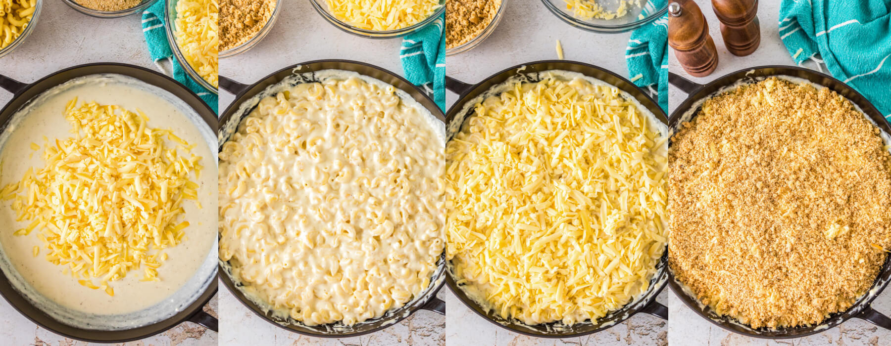 A series of process images showing how to mix pasta in cheese sauce.