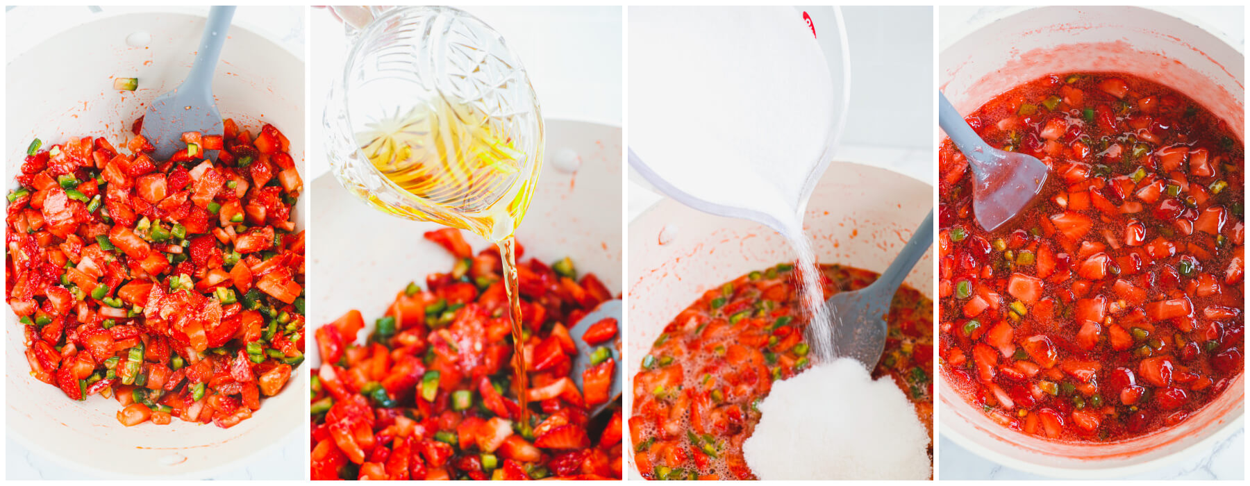 Process images showing how to make strawberry jalapeño jam.