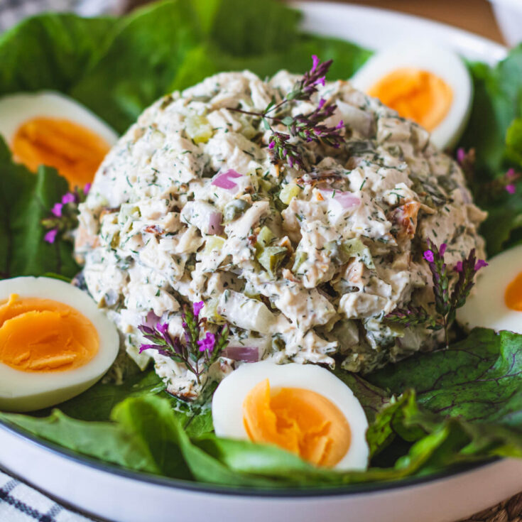 A scoop of Chicken Egg Salad containing pickles, capers, and dill sits on a bed of greens surrounded by hard boiled egg halves with bright yellow yolks.