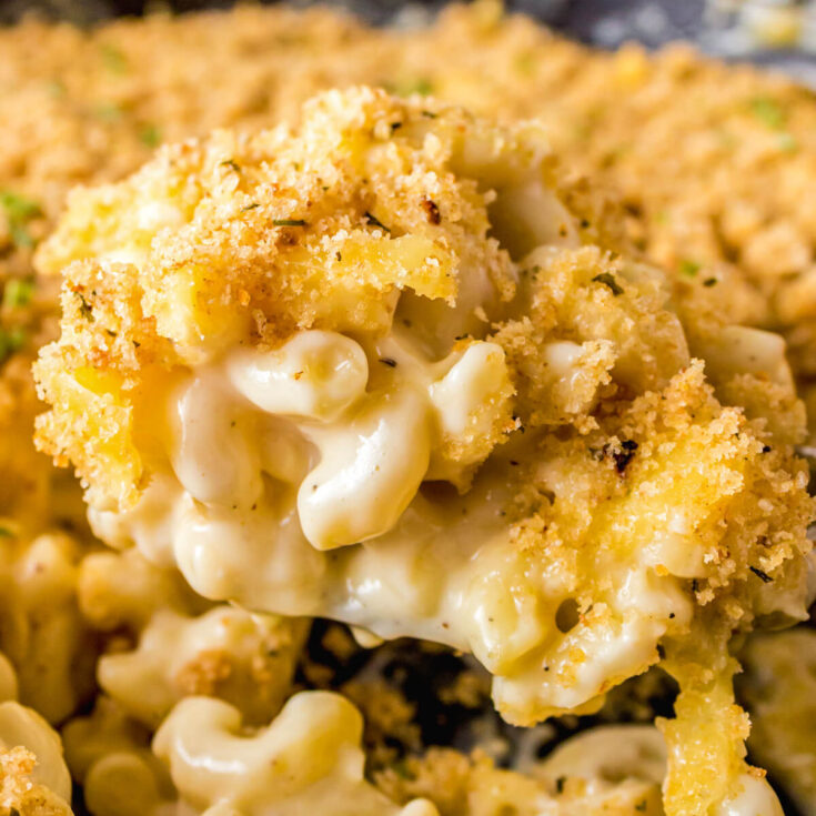 A scoopful of creamy Smoked Mac and Cheese topped with toasted golden bread crumbs.