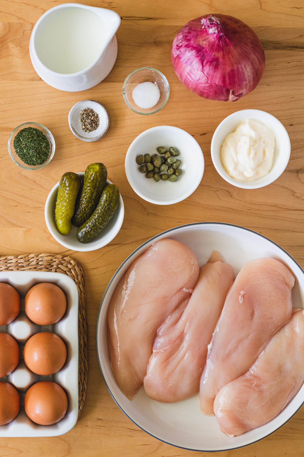 Ingredients required to make Dill Pickle Chicken Egg Salad.