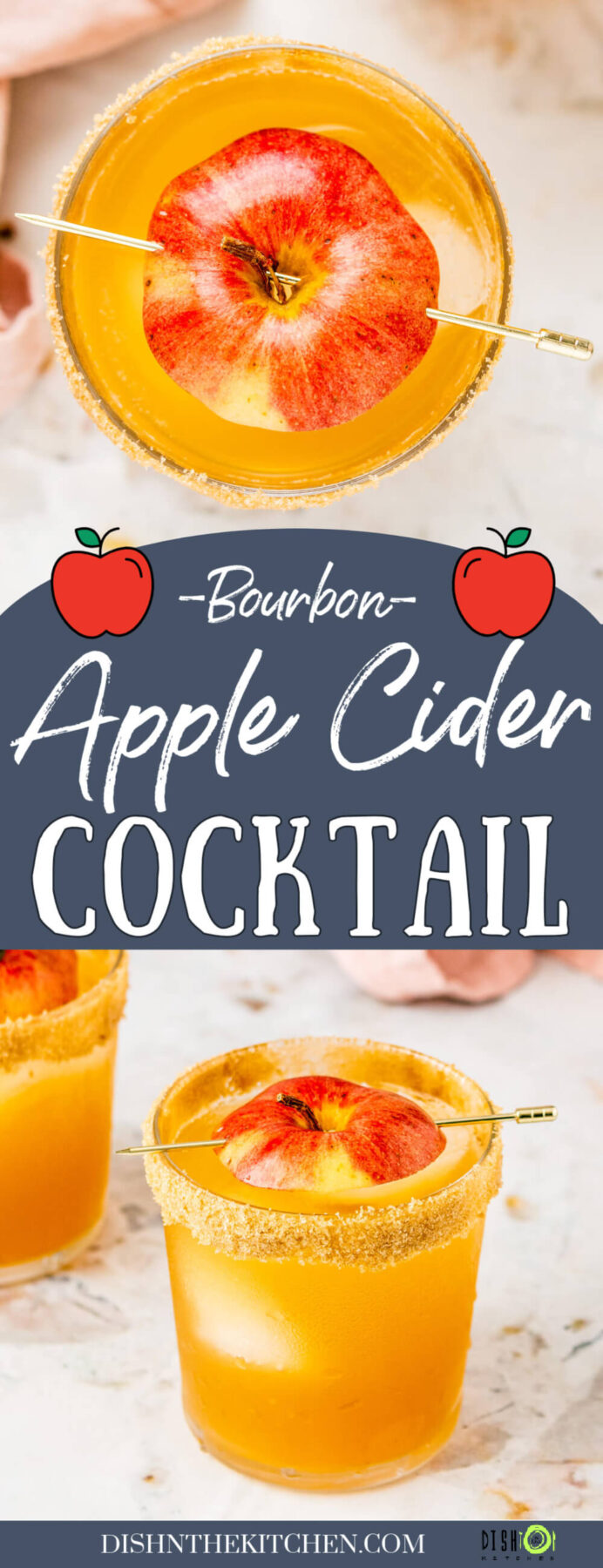 Pinterest image of two rocks glasses filled with apple cider cocktail garnished with apple tops.