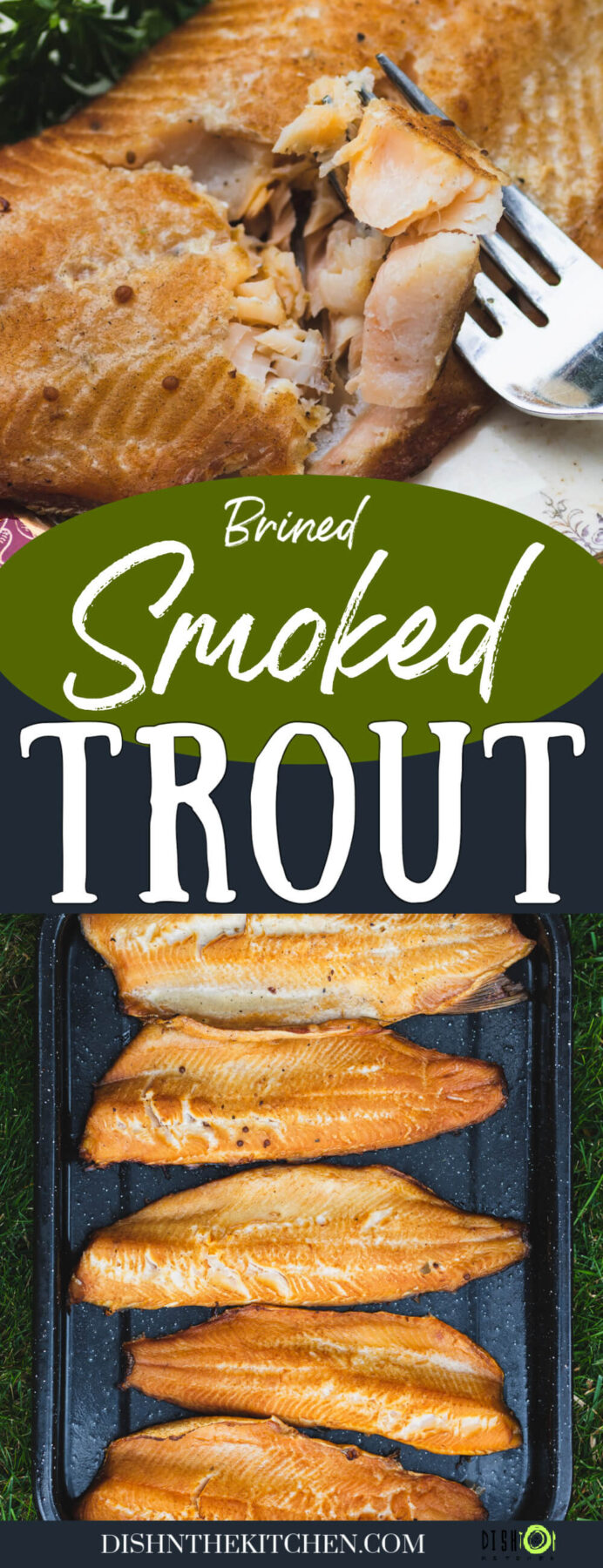 Pinterest image featuring a black enamel tray with five smoked trout filets and a fork holding a bite of juicy smoked trout.