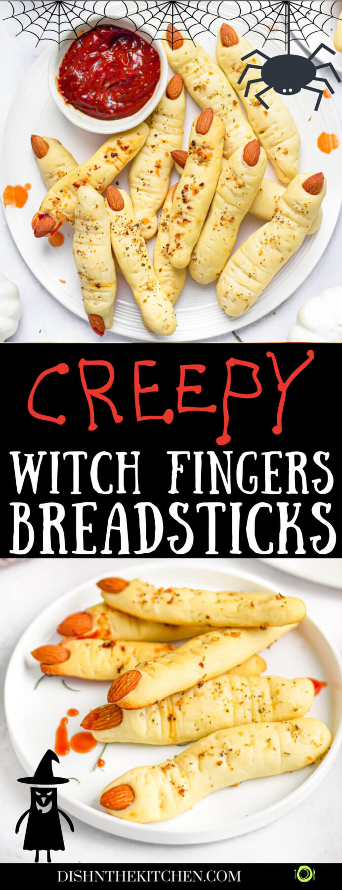 Pinterest image showing two white plates containing many creepy witch finger Italian breadsticks with a small bowl of marinara sauce for dipping nearby.
