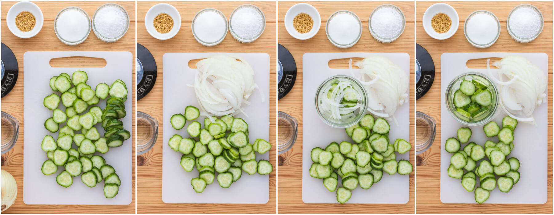 A series of process images showing how to stack sliced cucumbers and onions in a jar.