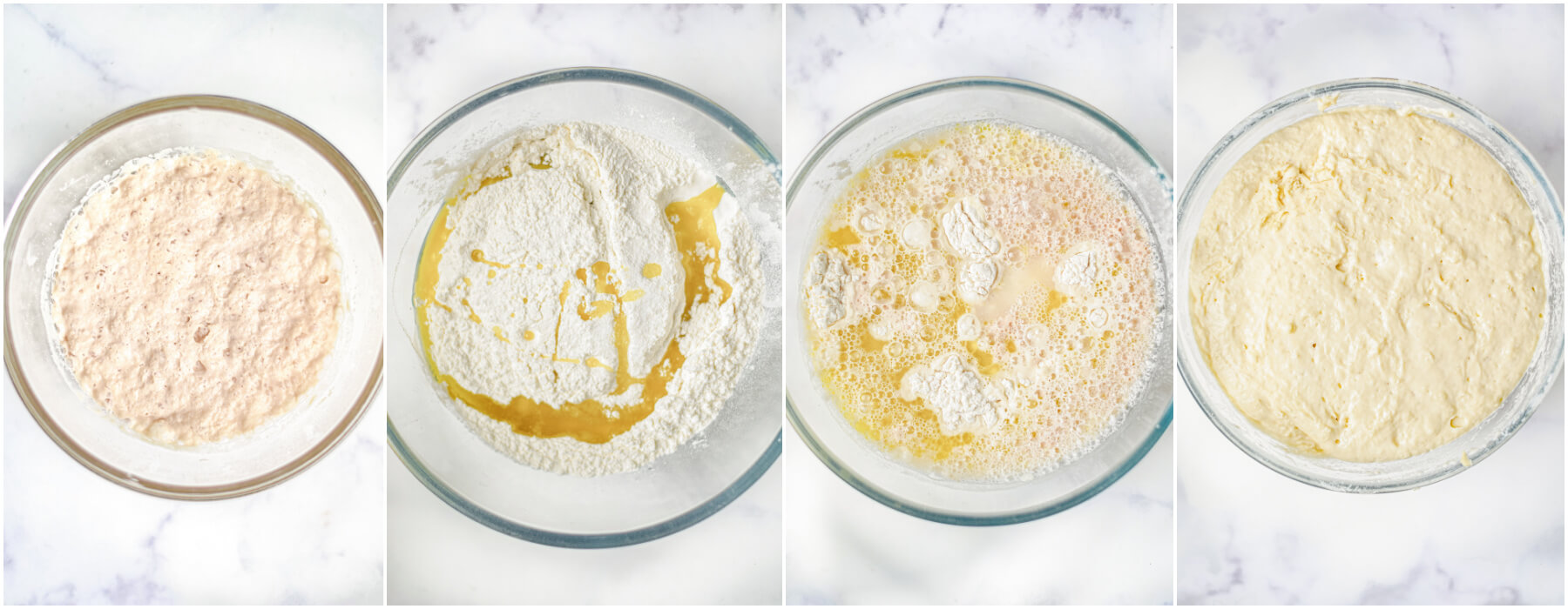 A process of photos showing how to mix bread dough from proofed yeast to proofed dough.