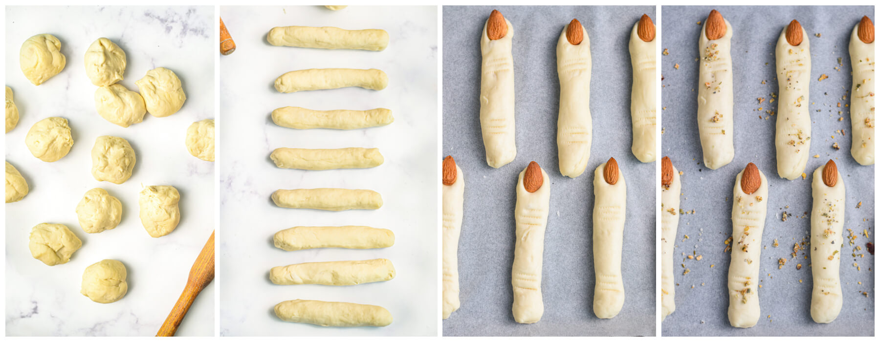 A series of process photos showing how to shape dough into witch's fingers.