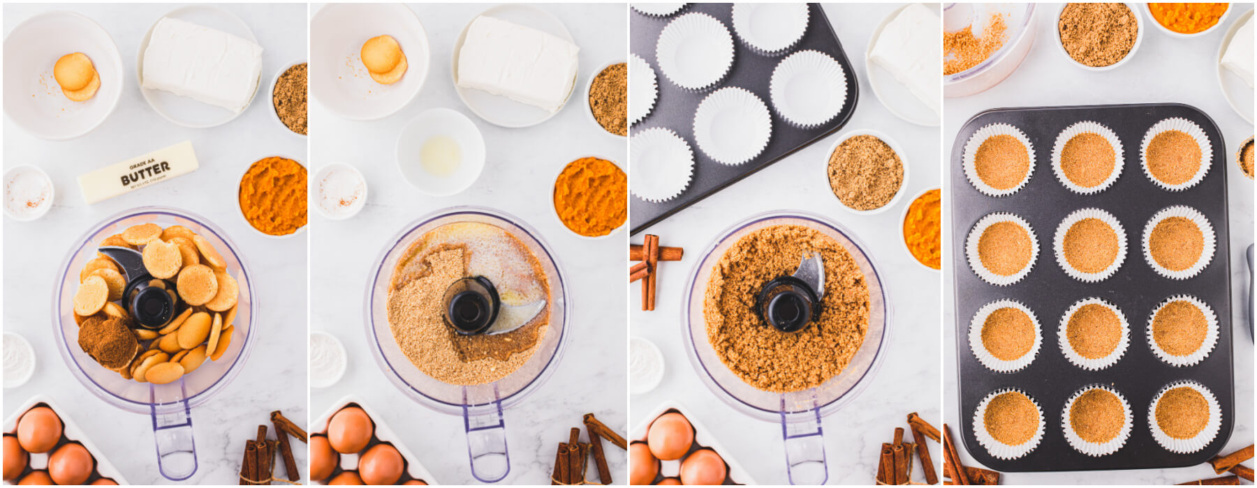 A series of process photos showing how to make a cheesecake crumb crust in a food processor.
