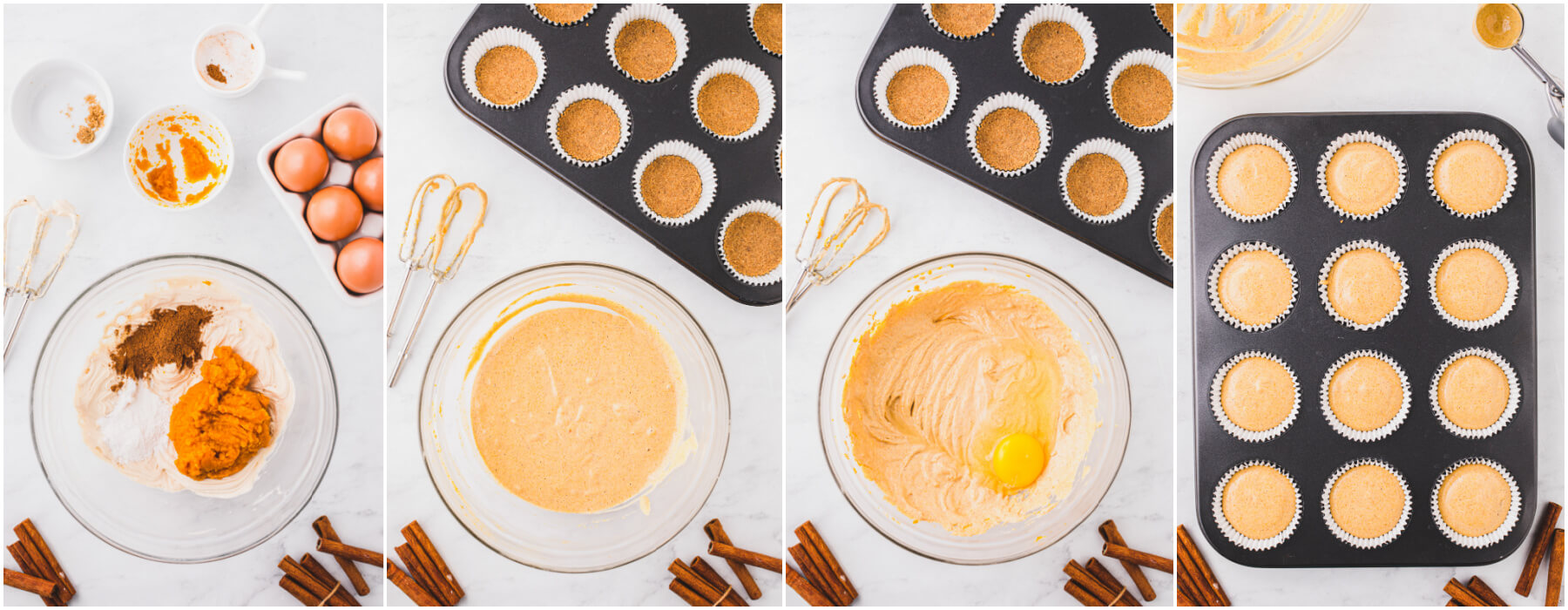 A series of process photos showing how to make pumpkin cheesecake filling and portion it out in a muffin tin. 