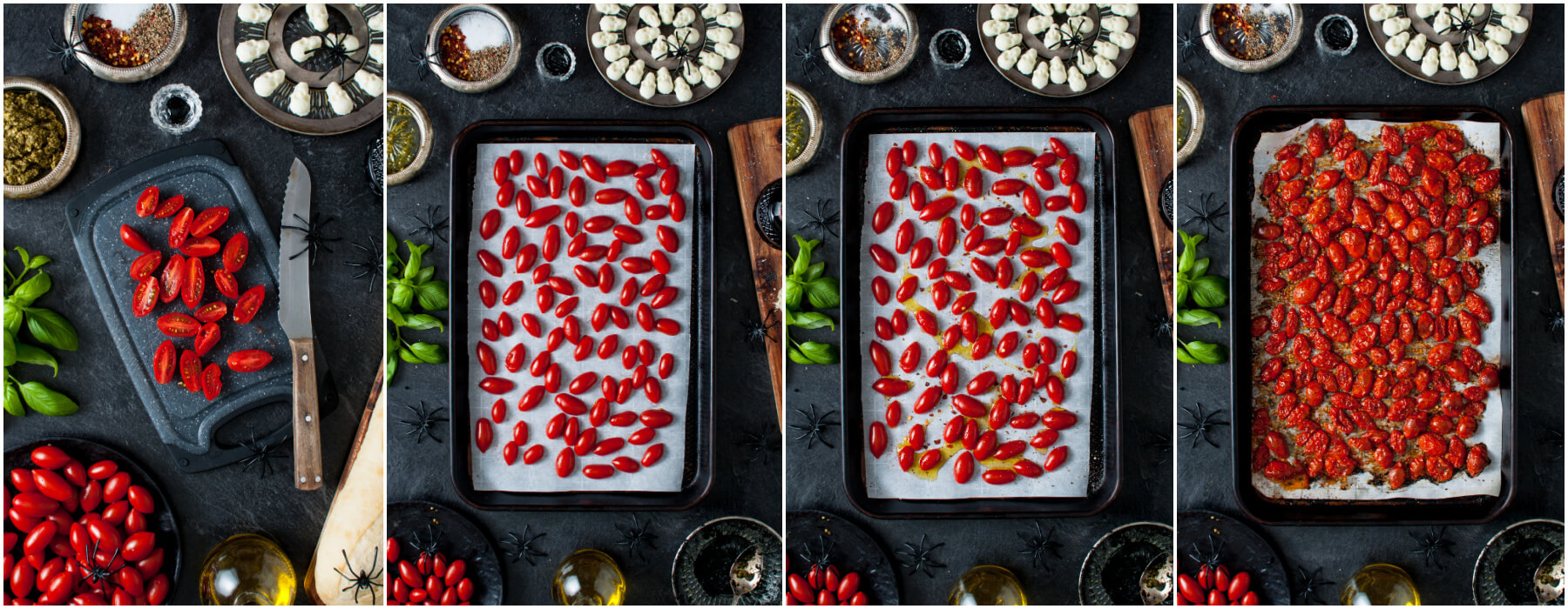 A series of photos showing how to prepare and roast tomatoes in the oven.