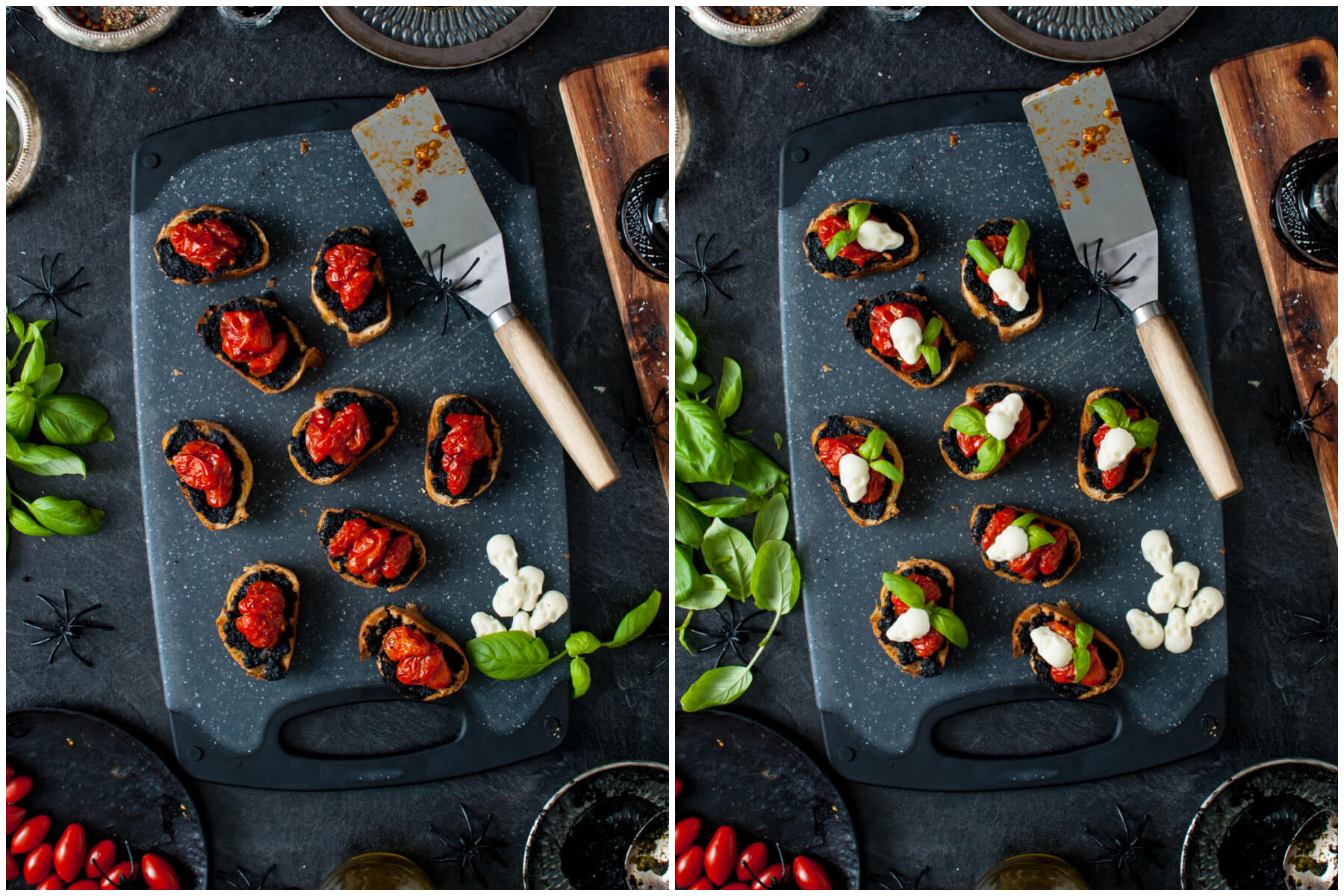 Two photos showing how to create spooky skull caprese crostini appetizers. 