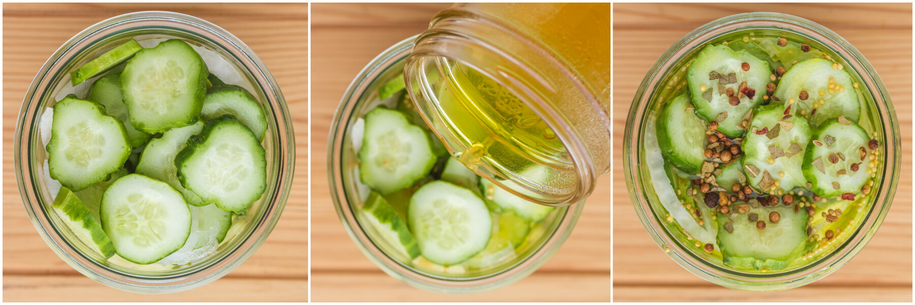 Process image series showing the addition of brine and pickling spices to a jar of sliced cucumbers and onions.