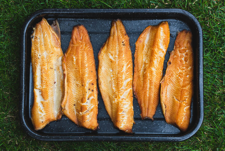 A black enamel tray containing five smoke trout filets.