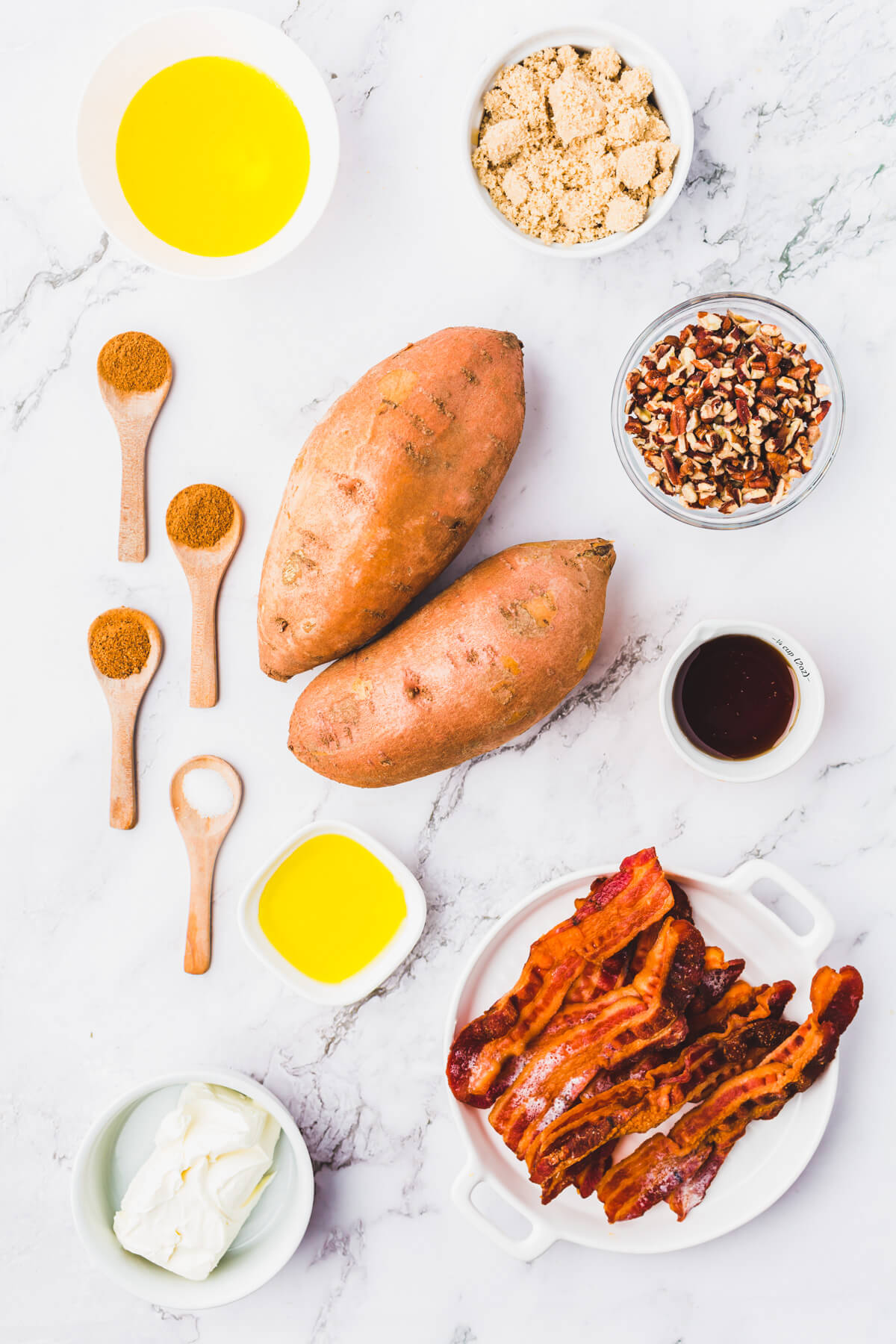 Ingredients required to make Twice Baked Sweet Potatoes.