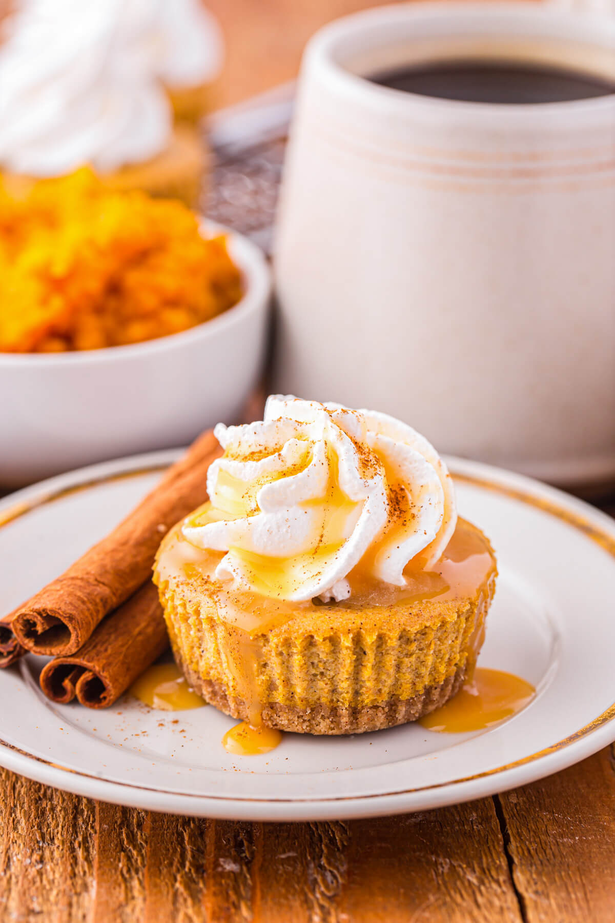 An individual sized pumpkin cheesecake on a plate garnished with whipped cream and caramel sauce. 