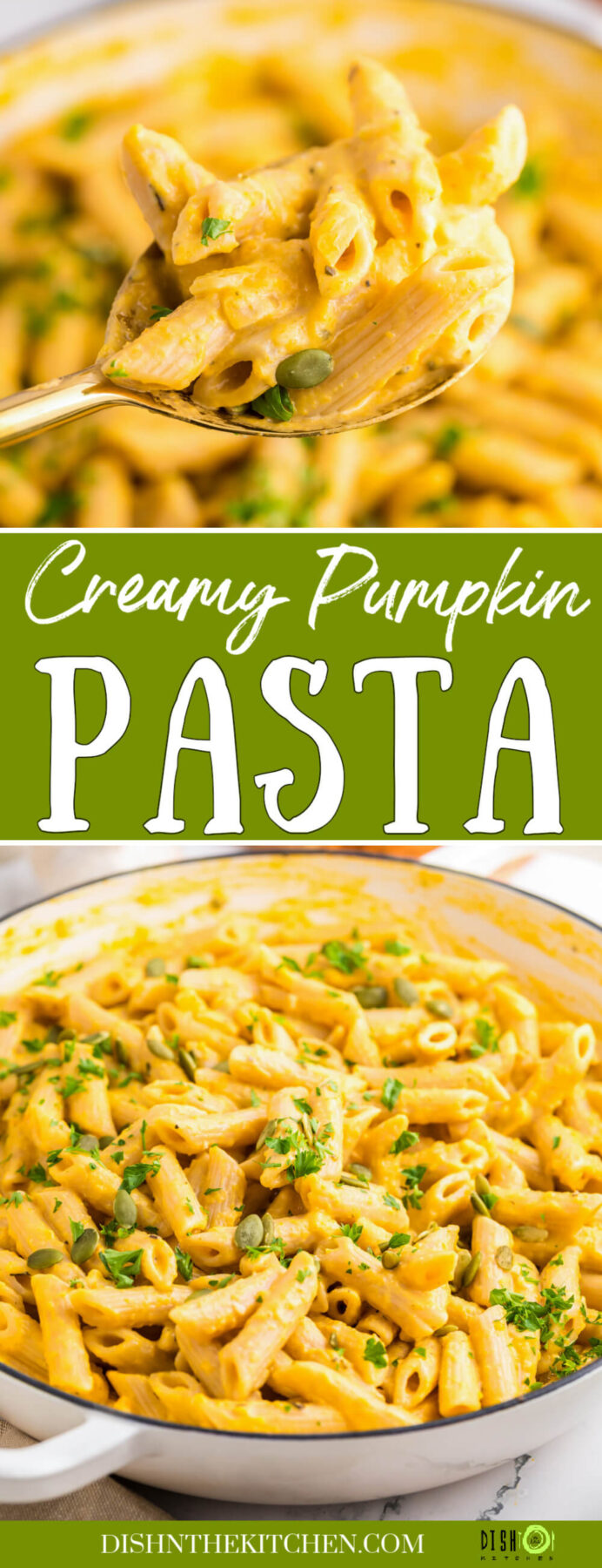 Pinterest image featuring bowls of creamy pumpkin pasta sauce on penne pasta.