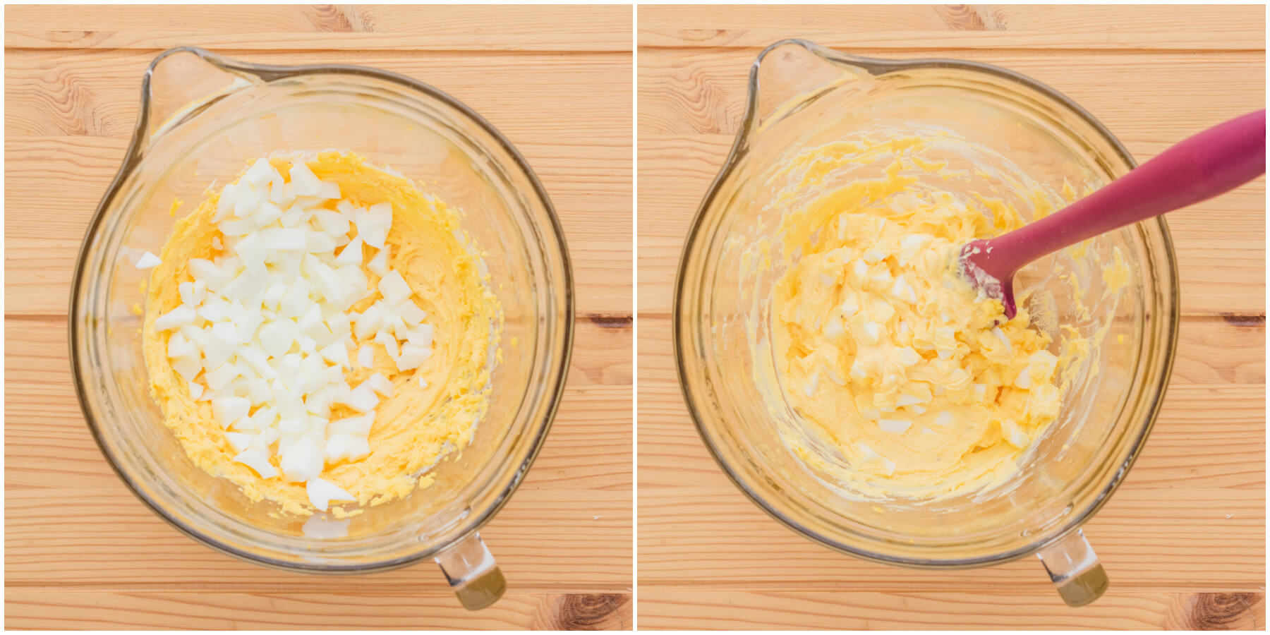 Two process images showing how to fold cooked egg white cubes into cream yolk mixture.