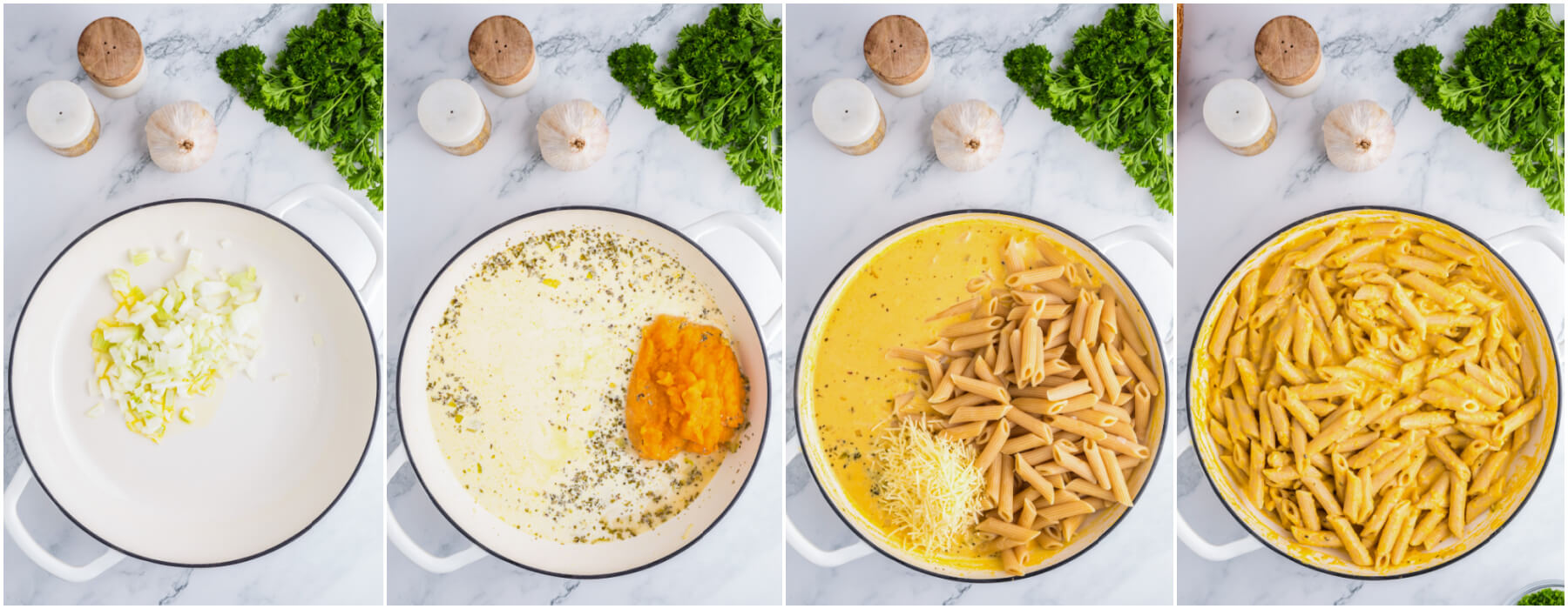 Process images showing how to make creamy pumpkin pasta sauce with penne in a large white enamel pan.