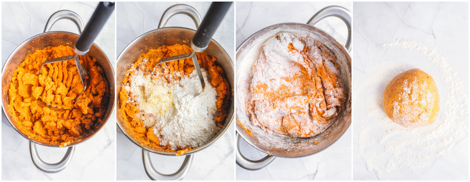 Process images showing how to mix up sweet potato gnocchi dough.