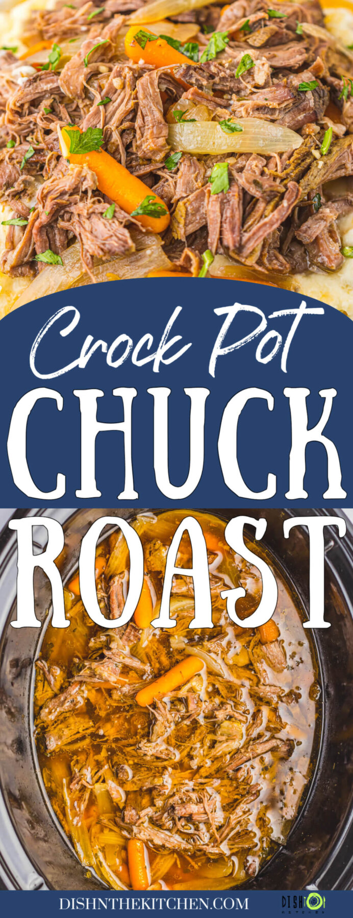 Pinterest image featuring perfectly shredded crock pot chuck roast on a plate and in a crock pot.
