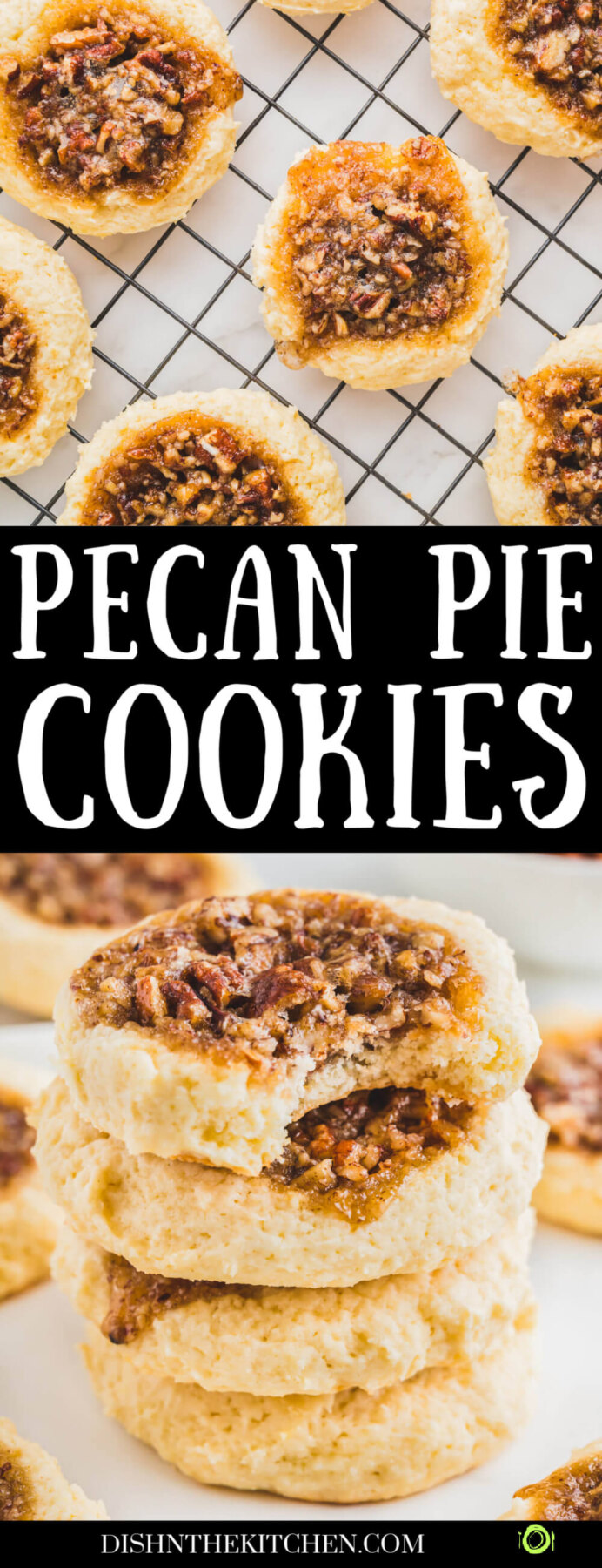 Pinterest image of buttery golden baked pecan pie cookies topped with caramel and chopped pecans.