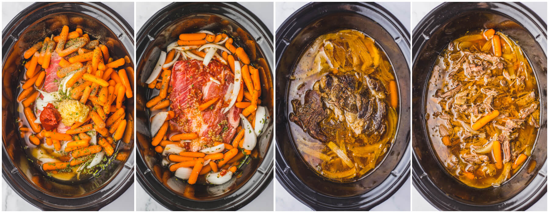 A series of photos showing stages of making crock pot chuck roast in a black crock pot insert.