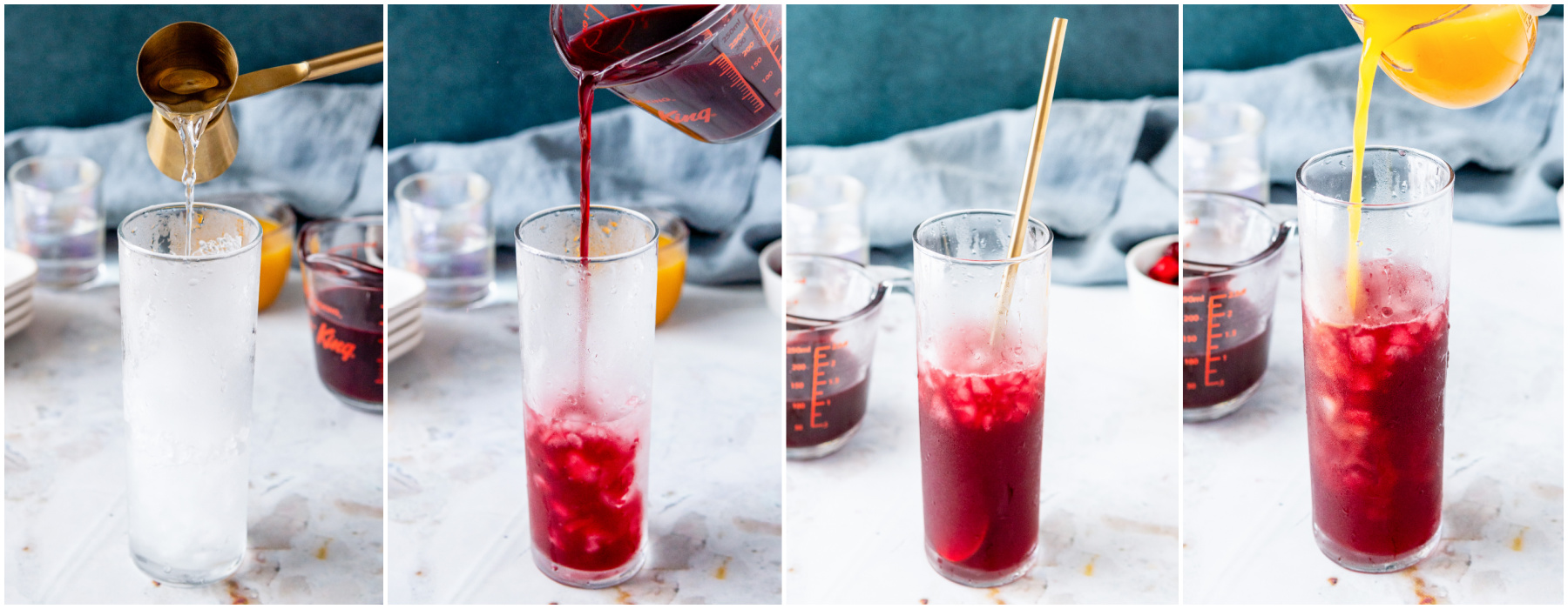 Process photos showing how to mix up a Mulled Cranberry Madras Cocktail.