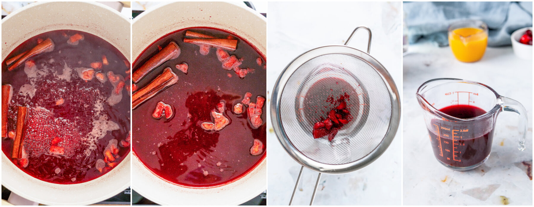 Process images showing how to make mulled cranberry juice with mulling spices.