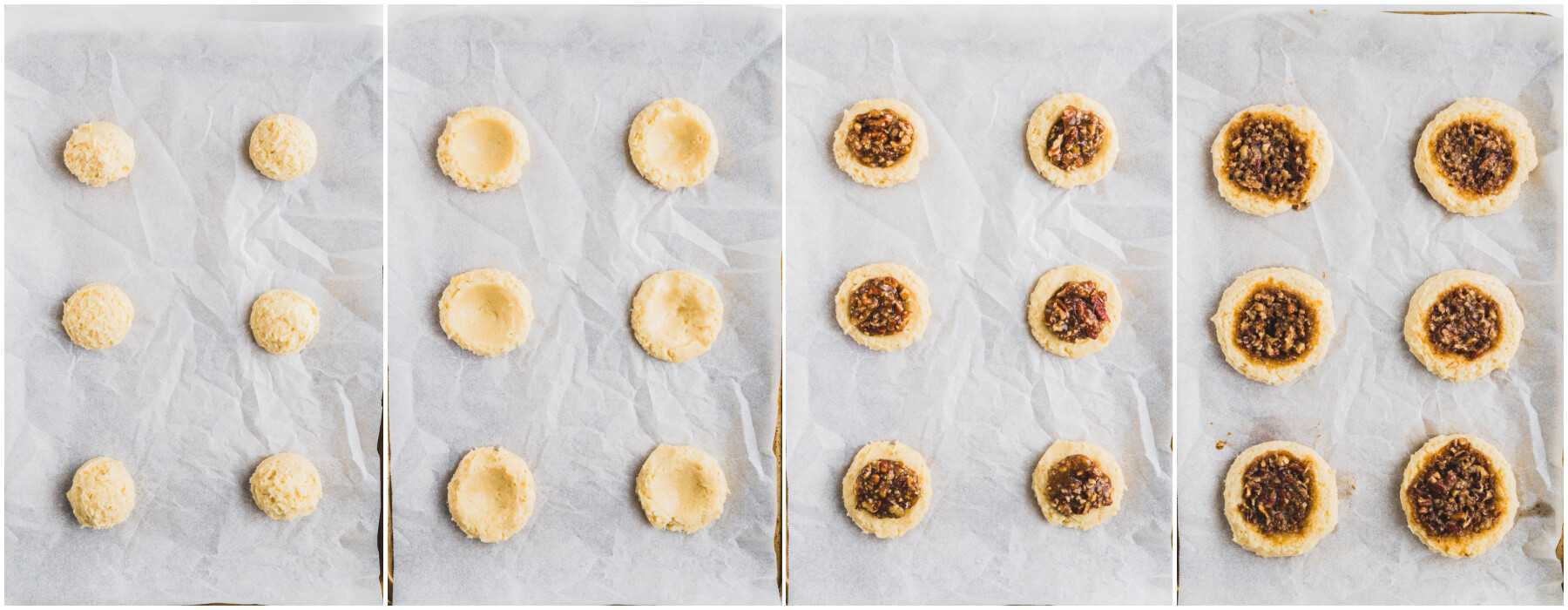A series of four process images showing how to shape and fill pecan pie cookies.