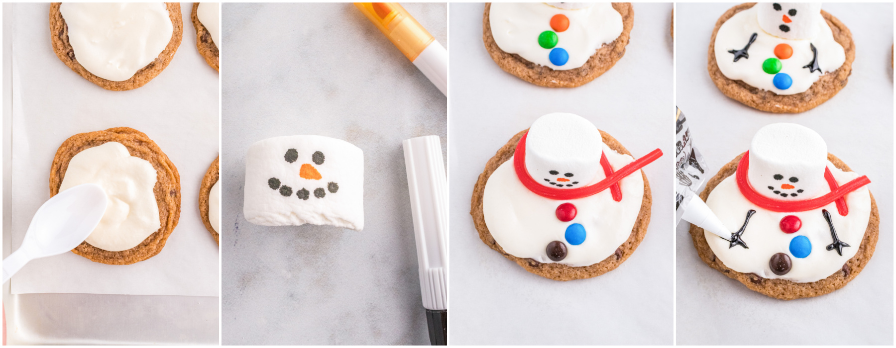 A series of photos showing how to decorate Melted Snowman Cookies.