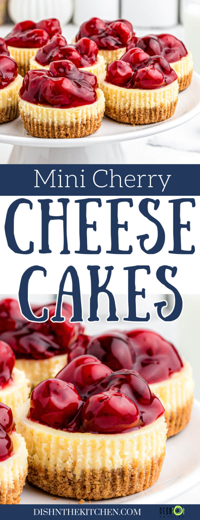 Pinterest image featuring bite sized mini cherry cheesecakes up close and on a white platter.