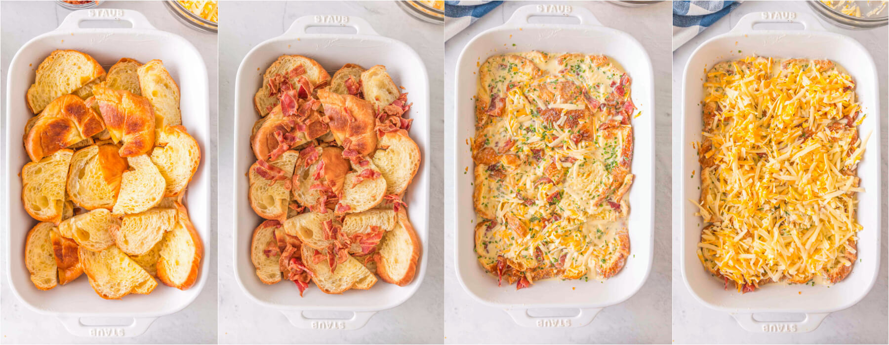A series of process photos showing how to layer breakfast casserole ingredients in a white baking dish.