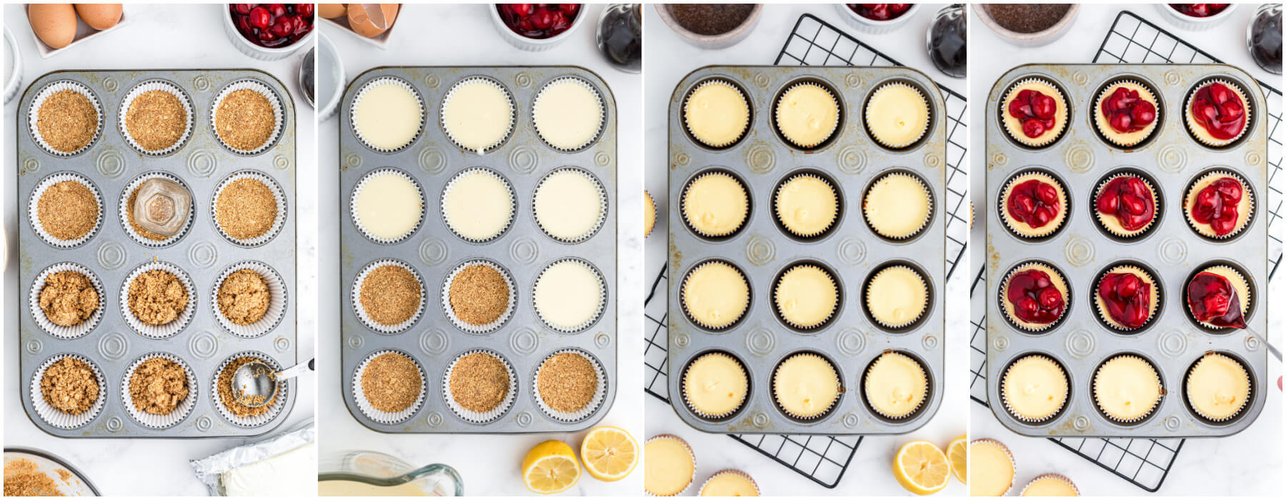 Process images showing how to fill muffin tins to make mini cheesecakes.