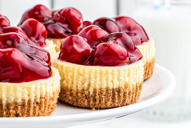 A group of Mini Cherry Cheesecakes showing the base graham crumb layer, middle cheesecake layer and glossy cherry pie filling topping.