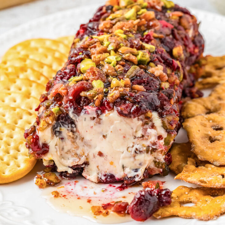 A sliced pistachio and cranberry cheese log on a white plate surrounded by crackers.