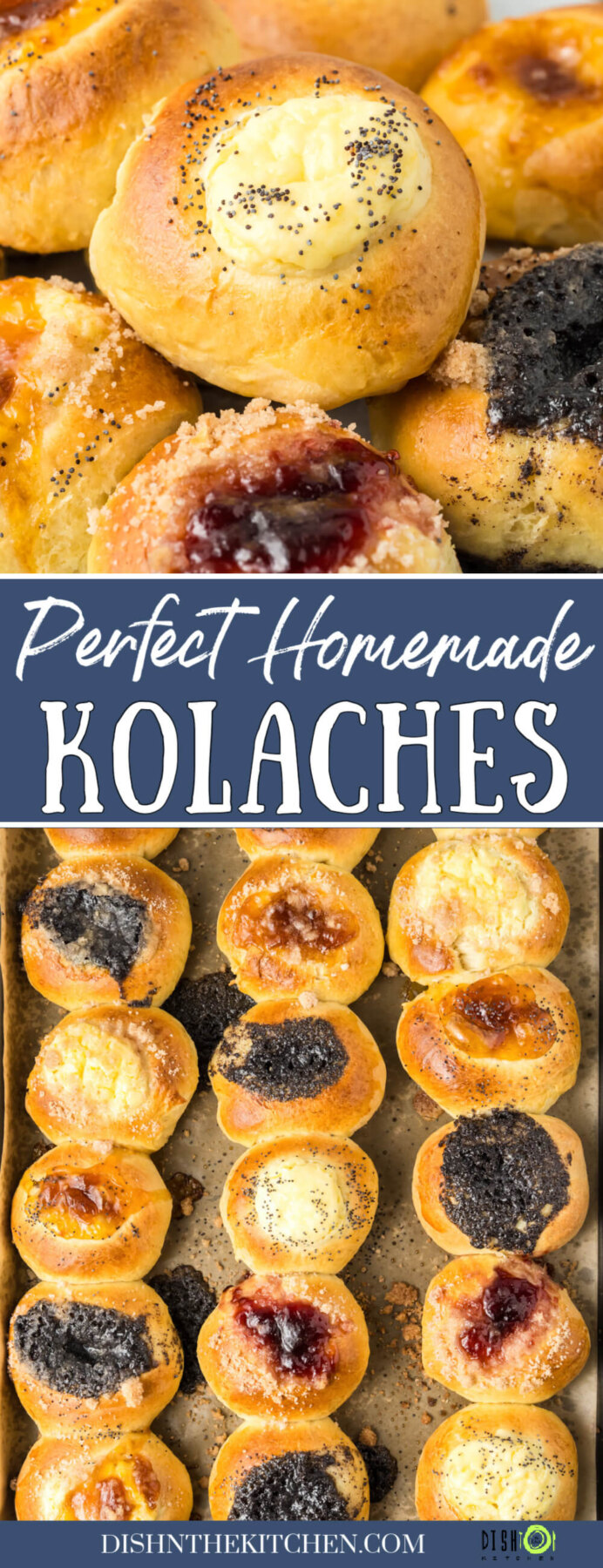 Pinterest image featuring golden baked Kolache pastries filled with a variety of fillings and topped with a sweet crumble.
