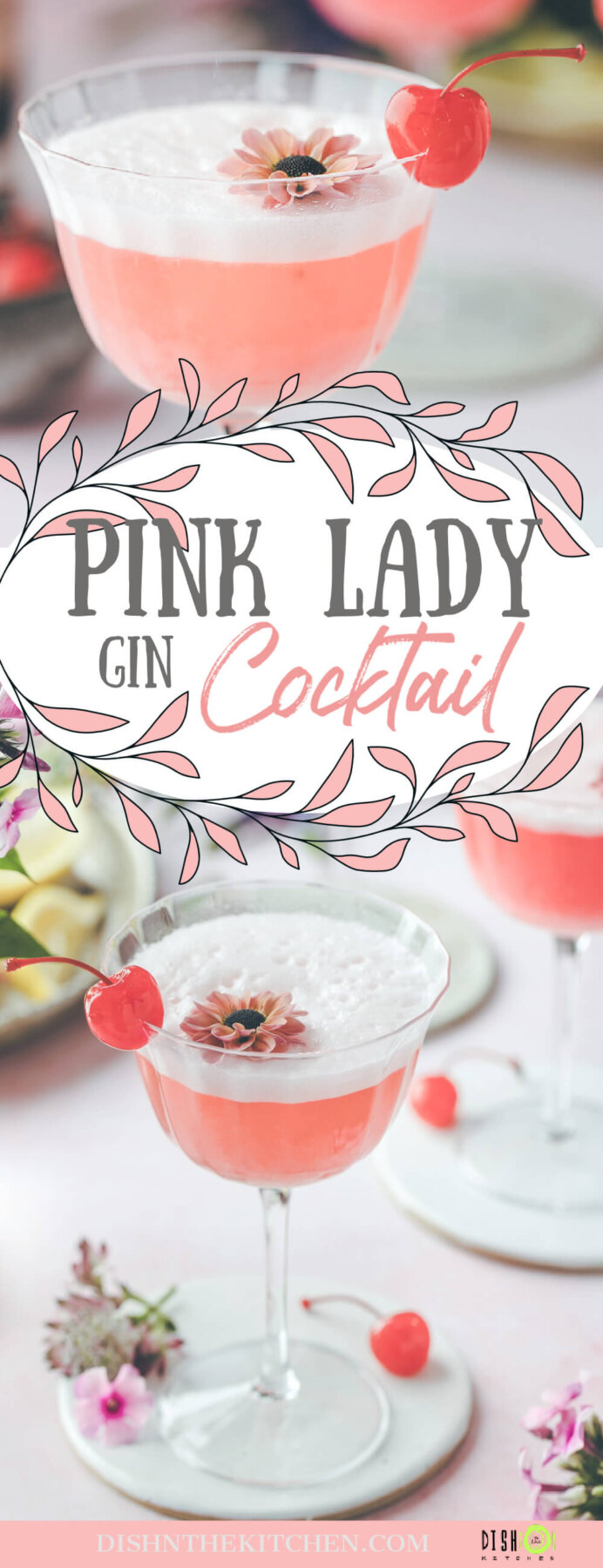 Pinterest image featuring a foamy pink lady cocktail in a coupe glass garnished with a cherry and an edible flower.